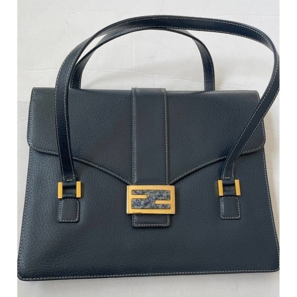 Fendi Navy Blue Leather top handle with marbel clasp Vintage - Picture 3 of 11